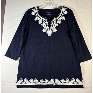 Talbots women Blouse  Blue  Pullover V neck embellished 3/4 sleeve tunic MP